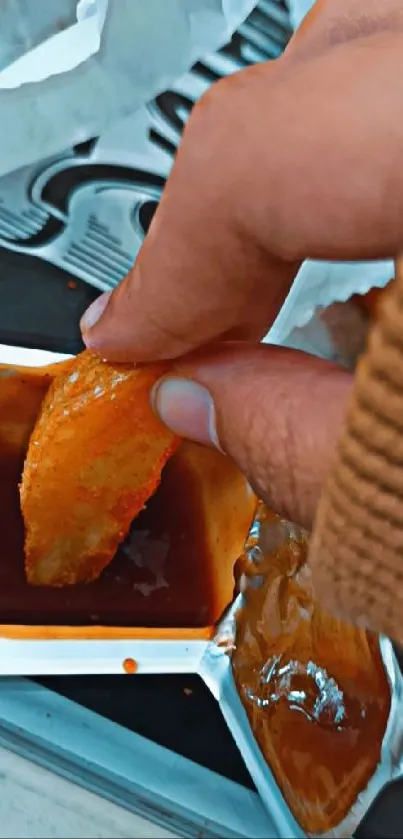 Crispy potato wedge dipped in brown sauce for a satisfying snack moment.