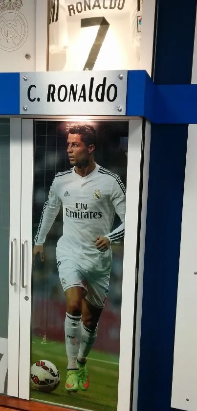 Cristiano Ronaldo locker room poster with blue and white theme.