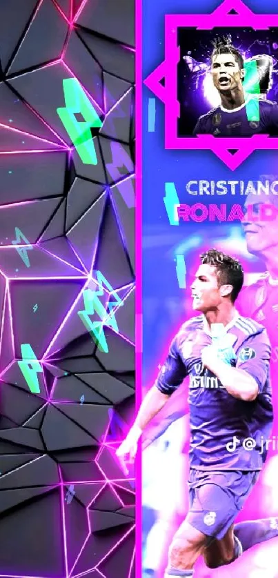 Cristiano Ronaldo neon wallpaper with geometric patterns and purple hues.