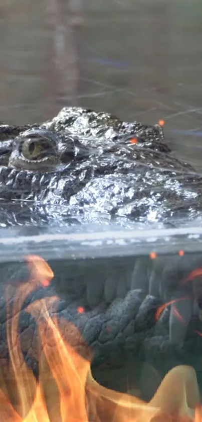 Crocodile head above water with flames below.