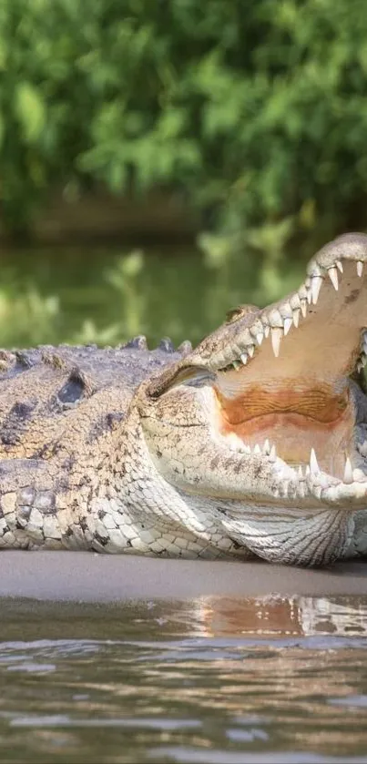 Crocodile with open mouth resting on riverbank, surrounded by lush greenery.