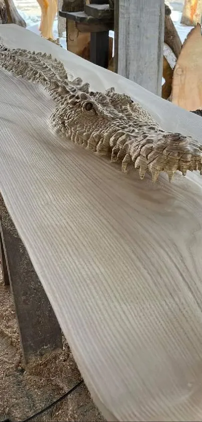 Intricately carved crocodile on wooden surface.