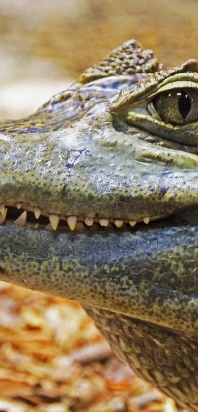 Close-up of a crocodile's face with detailed textures in green hues.