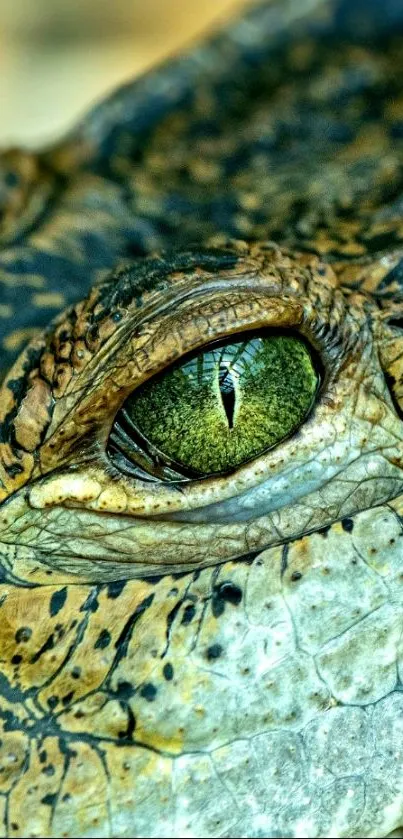 Close-up of a crocodile's eye showcasing intricate details and natural colors.