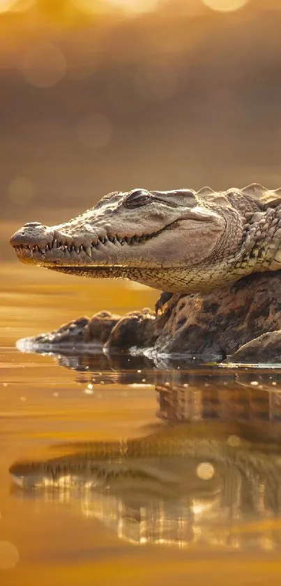 Crocodile basking in a golden sunset reflected on water.