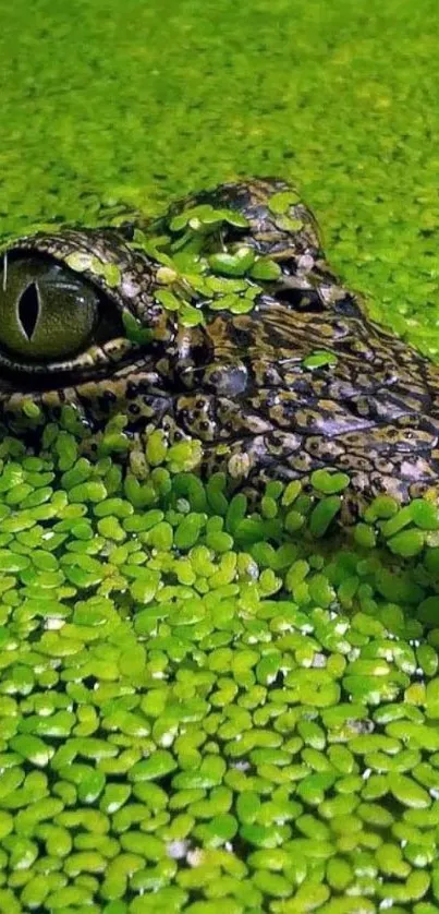 Crocodile partially submerged in leafy green water.