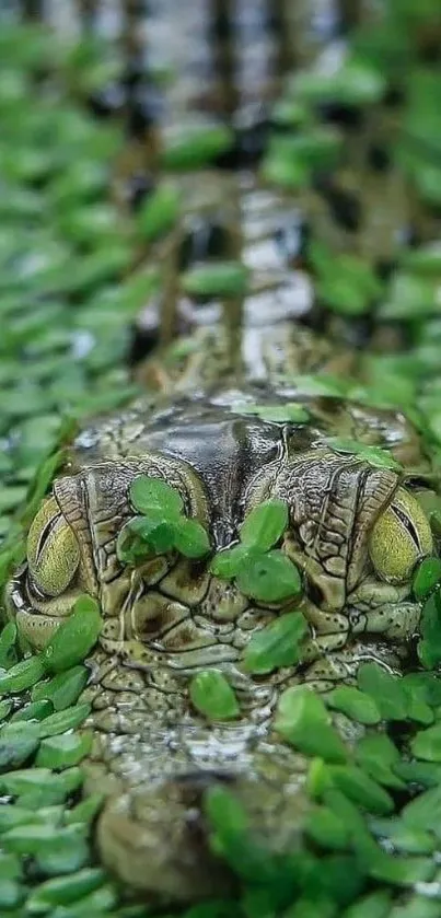 Crocodile camouflaged in green aquatic plants.