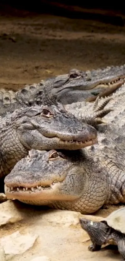 Crocodiles resting together with a turtle nearby on a sandy surface.