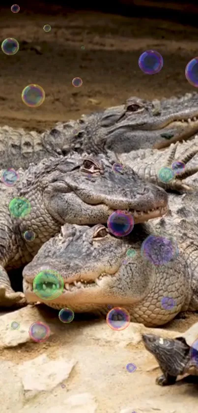 Crocodiles lounging with colorful bubbles floating around them.