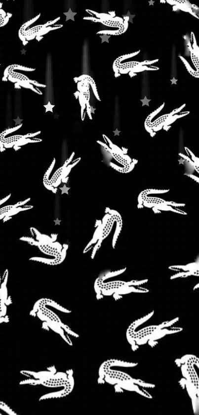 White crocodiles and stars on a black background wallpaper.