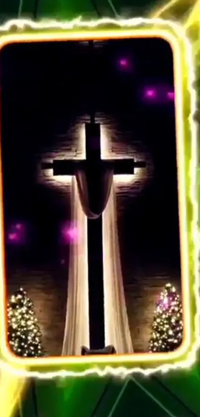 Cross with Christmas lights and green background wallpaper.