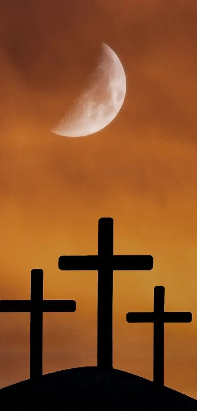 Silhouetted crosses under a golden moonlit sky.