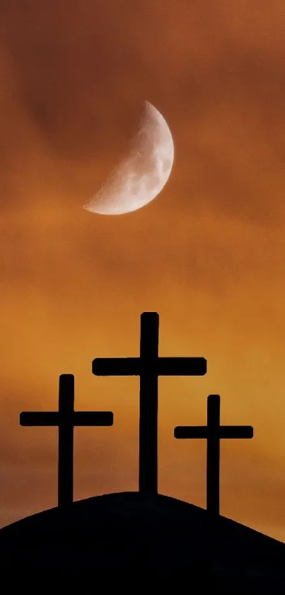 Three crosses under an orange sky and crescent moon.