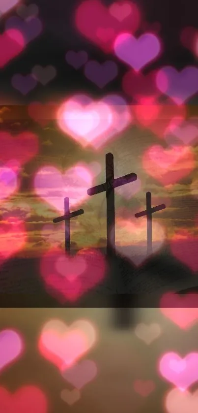 Three crosses with heart bokeh and sunset sky.