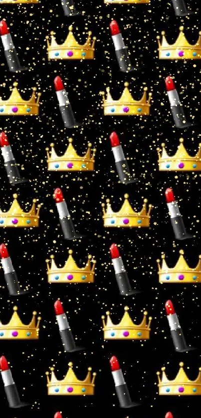 Patterned wallpaper with gold crowns and red lipstick on black.