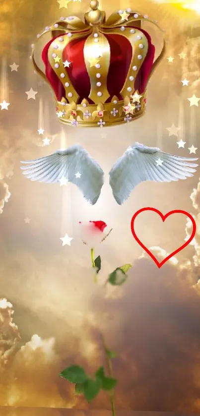 Wallpaper with a crown, wings, clouds, and a red heart.