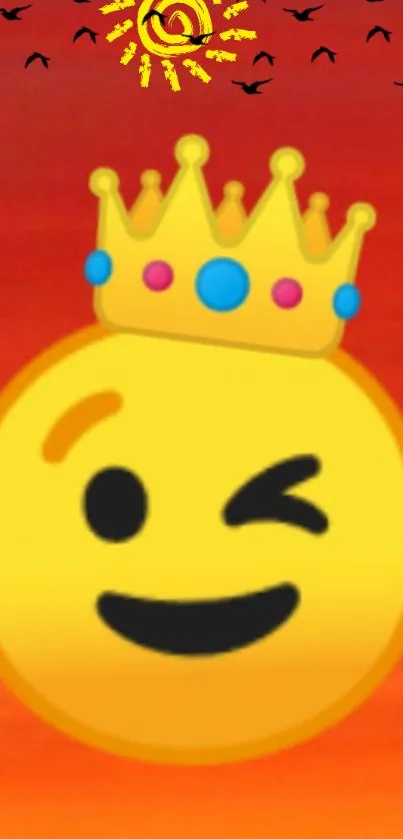 Winking crown emoji on orange sunset background.