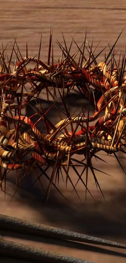 A detailed crown of thorns on a wooden surface with nails beside it.