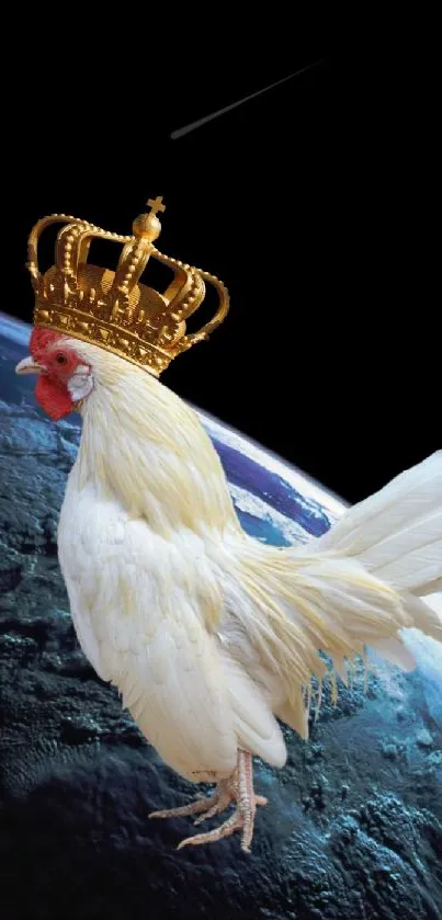 Crowned chicken floating in space over Earth.