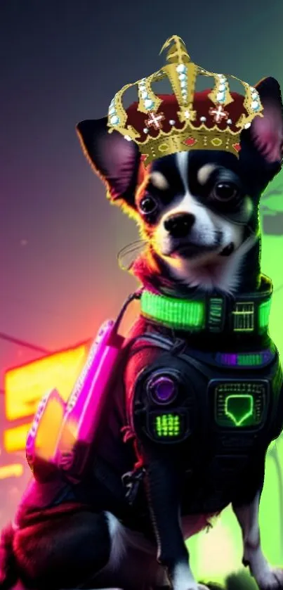 Cute dog with crown in neon city wallpaper.