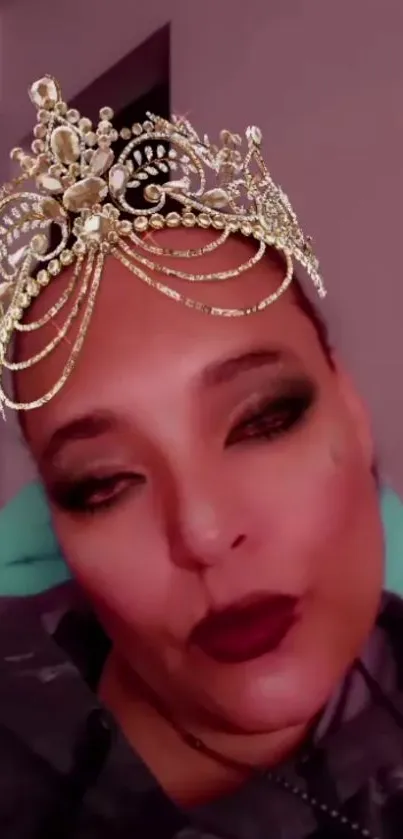 A regal portrait with a bejeweled crown and bold makeup.