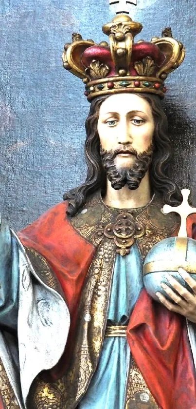 Wallpaper of a crowned figure in rich red, blue, and gold colors.