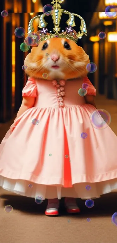 Crowned hamster in pink dress with bubbles in a royal setting.