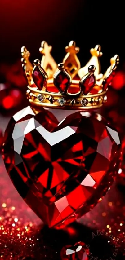 A red gemstone heart with a golden crown, perfect for luxury phone wallpaper.