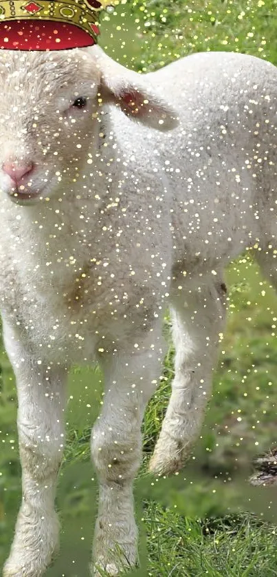 Lamb with crown and sparkles on green background.