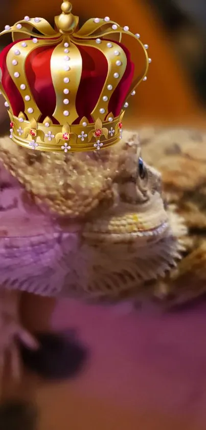 Lizard wearing a crown on a colorful background.