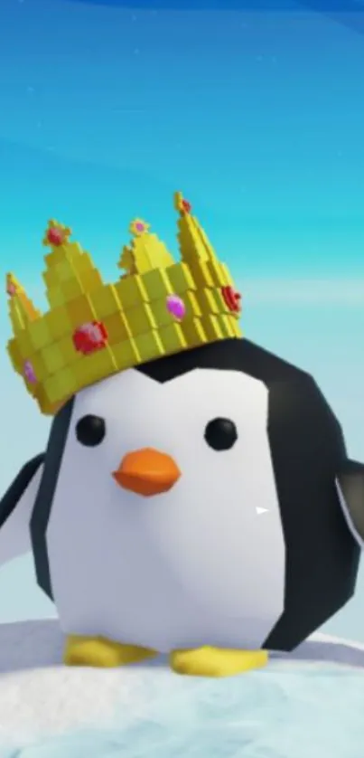 Cartoon penguin with a crown on icy blue background.