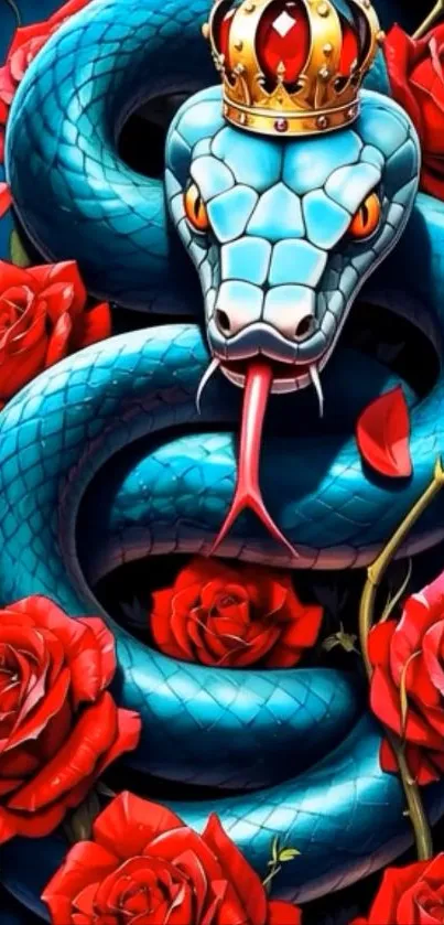 Blue serpent with crown among red roses illustration.