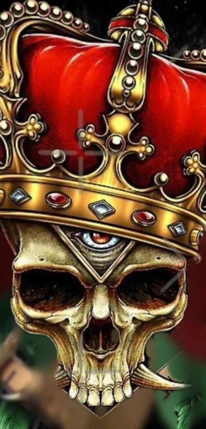 Crowned skull art with gothic elements, vibrant colors.