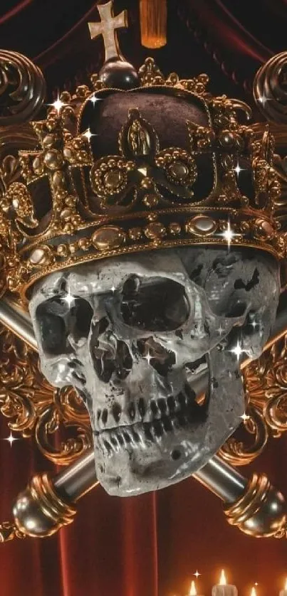 Crowned skull with gold elements on a dark mobile wallpaper.