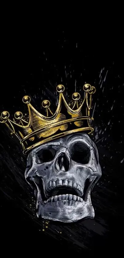 Skull with golden crown on black background wallpaper.