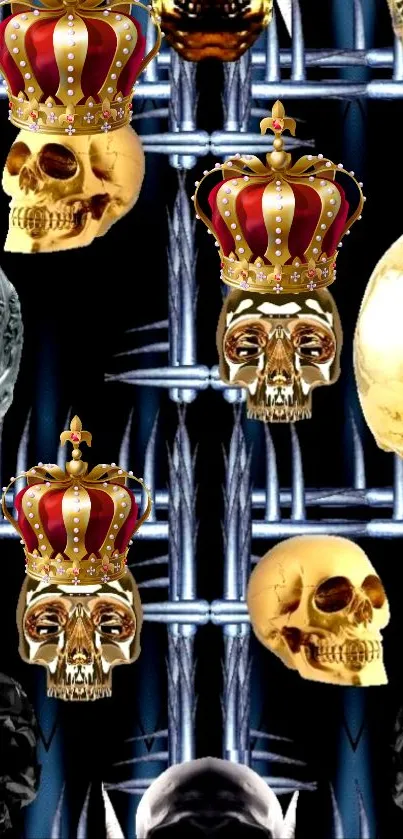 Golden skulls with crowns on dark background wallpaper.