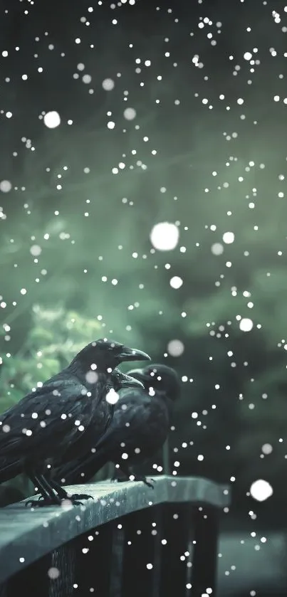 Crows perched on a snowy forest bridge with falling snow.