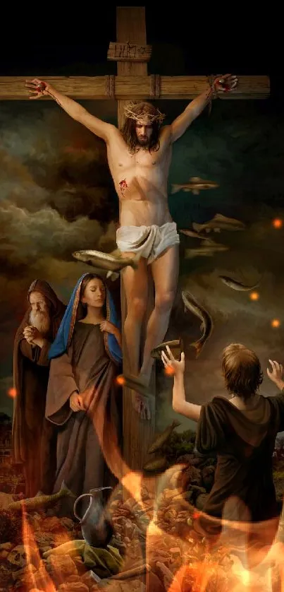 Crucifixion scene art wallpaper for mobile devices.