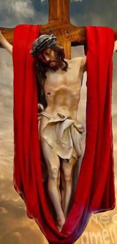 Crucifixion scene with a red cloth on a cross against a cloudy sky.