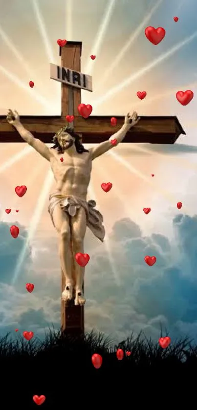 Crucifixion of Jesus with red hearts and radiant sky in mobile wallpaper.