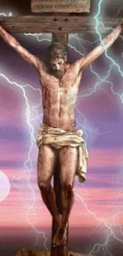 Crucifixion scene with lightning and sunset background.