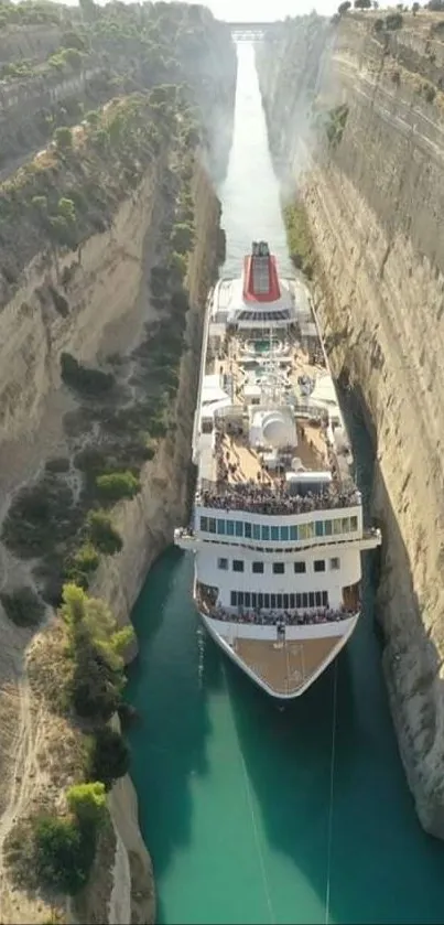 A cruise ship navigates through a stunning narrow canal between towering cliffs.