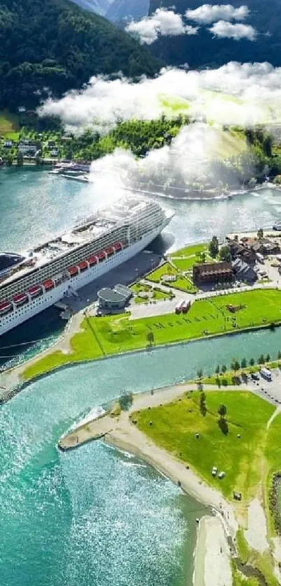 Cruise ship in fjord, lush greenery around.