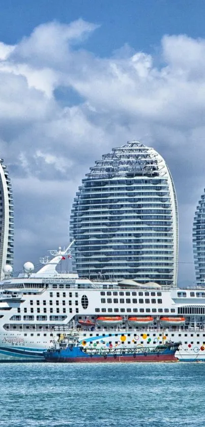 Cruise ship with skyscrapers and a cloudy sky.