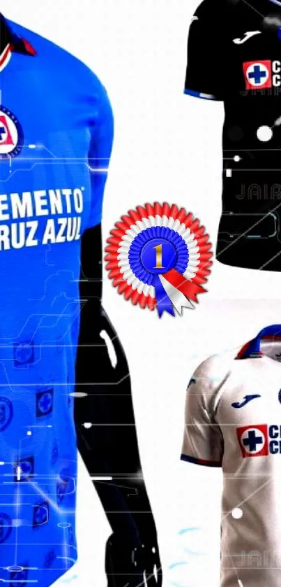 Cruz Azul jerseys in blue, black, and white with Cemento logo.