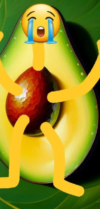 Colorful wallpaper of crying emoji on avocado art.