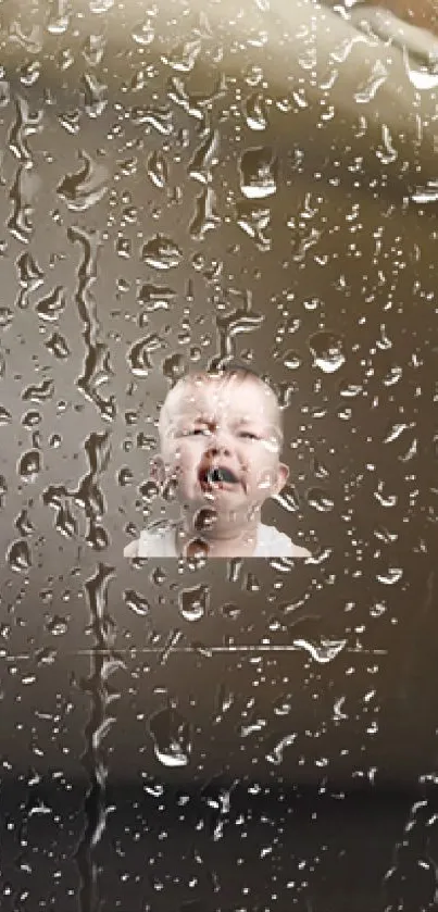 Crying baby seen through a rainy window glass with water droplets.