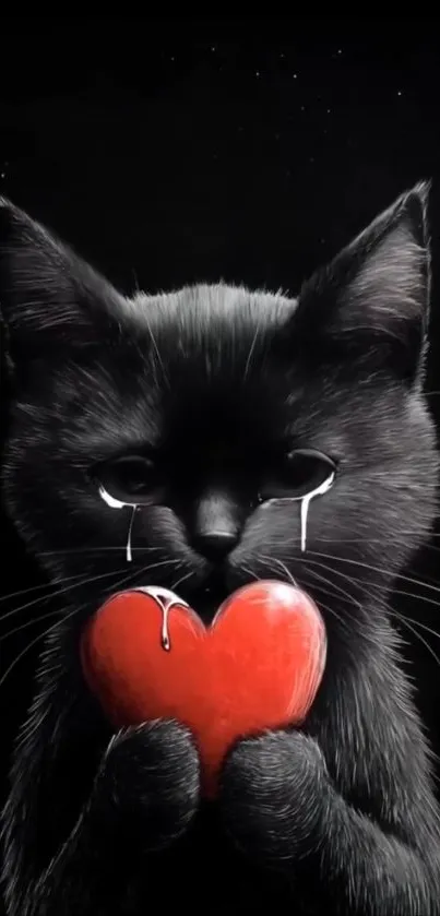 Black cat holding a red heart, crying on a dark background.