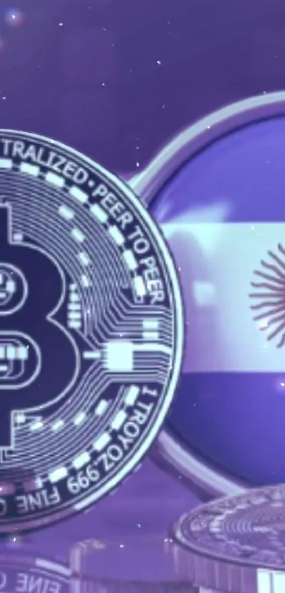 Bitcoin coin and Argentina flag on a purple background, digital concept wallpaper.