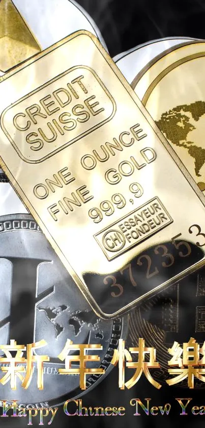 Cryptocurrency and gold bar mobile wallpaper.